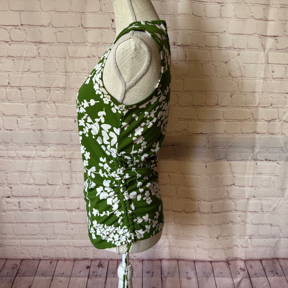 Michael Kors Top Sleeveless Kelly Green White Floral Side pull Scrunch Fitted M - Picture 3 of 11